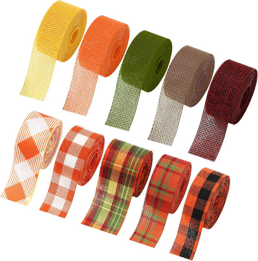 10 Rolls 50 Yard Fall Plaid Burlap Ribbon Rolls 1 Inch Autumn Gift Wrapping Ribbon Decorative for DIY Crafts Wreath Bow Making Supplies Home Decor