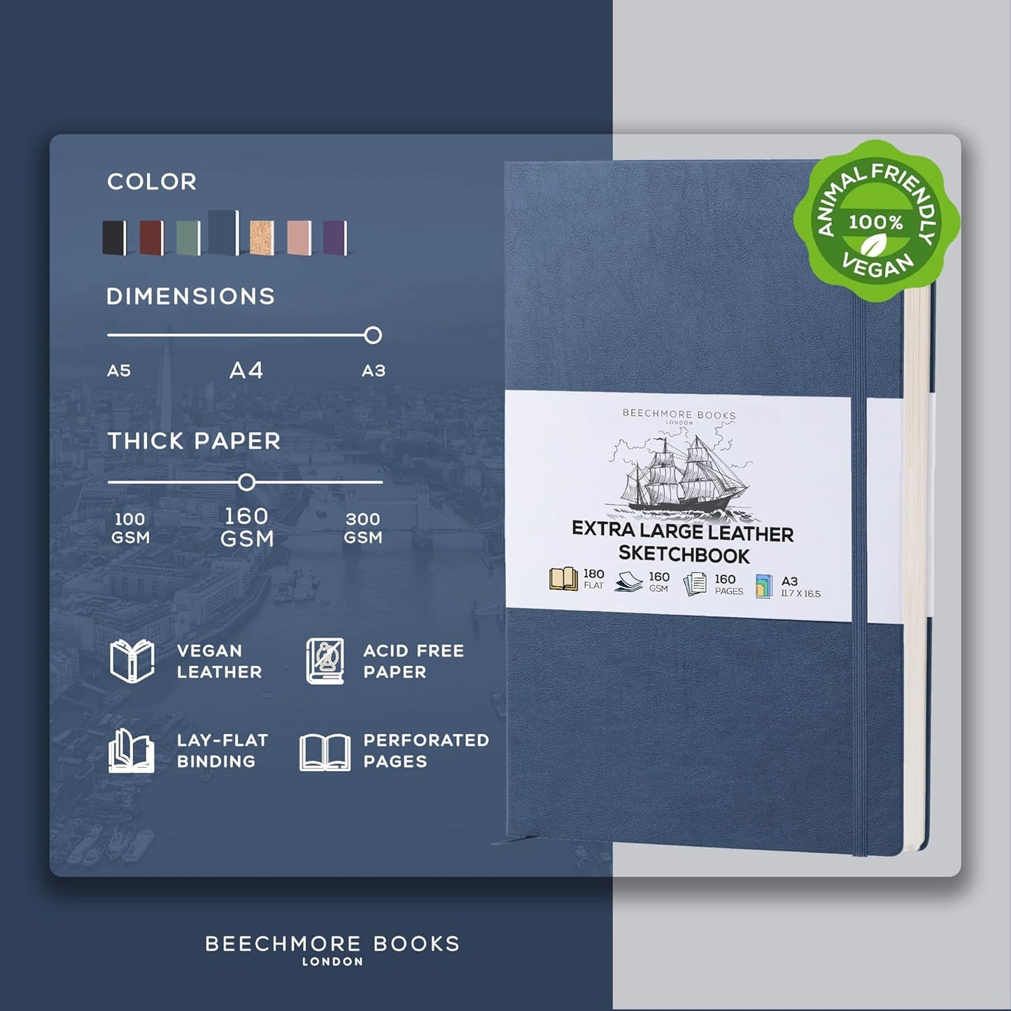 Beechmore Books A3 Sketchbook – 11.7x16.5 Premium Vegan Leather Bound Extra Large Sketch Book Hardcover, 160gsm 160 Perforated Ivory Pages, Blank Sketch Pad, Gift Boxed, Back Pocket, Ribbon Bookmark