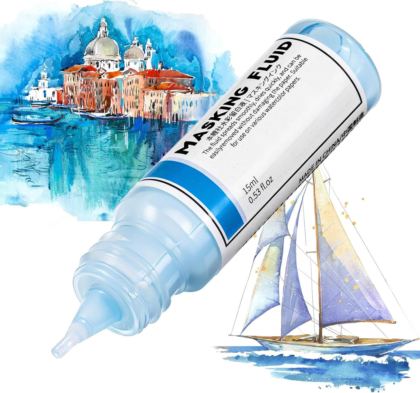 2 Pcs Masking Fluid for Watercolor Painting, 15ml Capacity Bottle with 3mm Applicator Nozzle, Masking Fluid Pen for Various Art Projects Watercolor Ink(Blue)