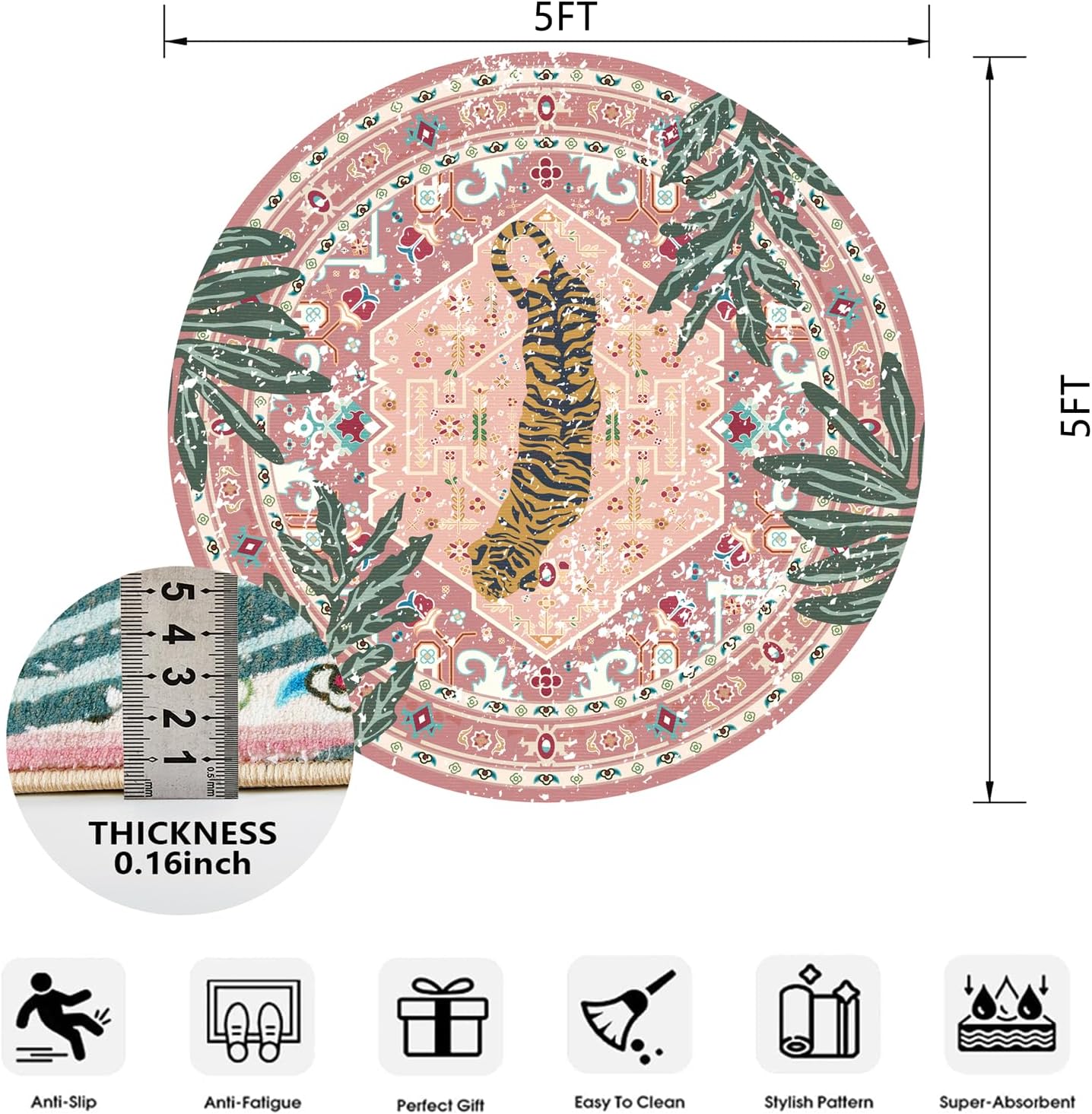 Washable Pink Rugs Thin Oriental Boho Vintage Cute Tropical Leopard 5ft Round Area Rugs for Bedroom Kitchen Dining Living Room Office Indoor Entryway Distressed Nursery Circle Carpet