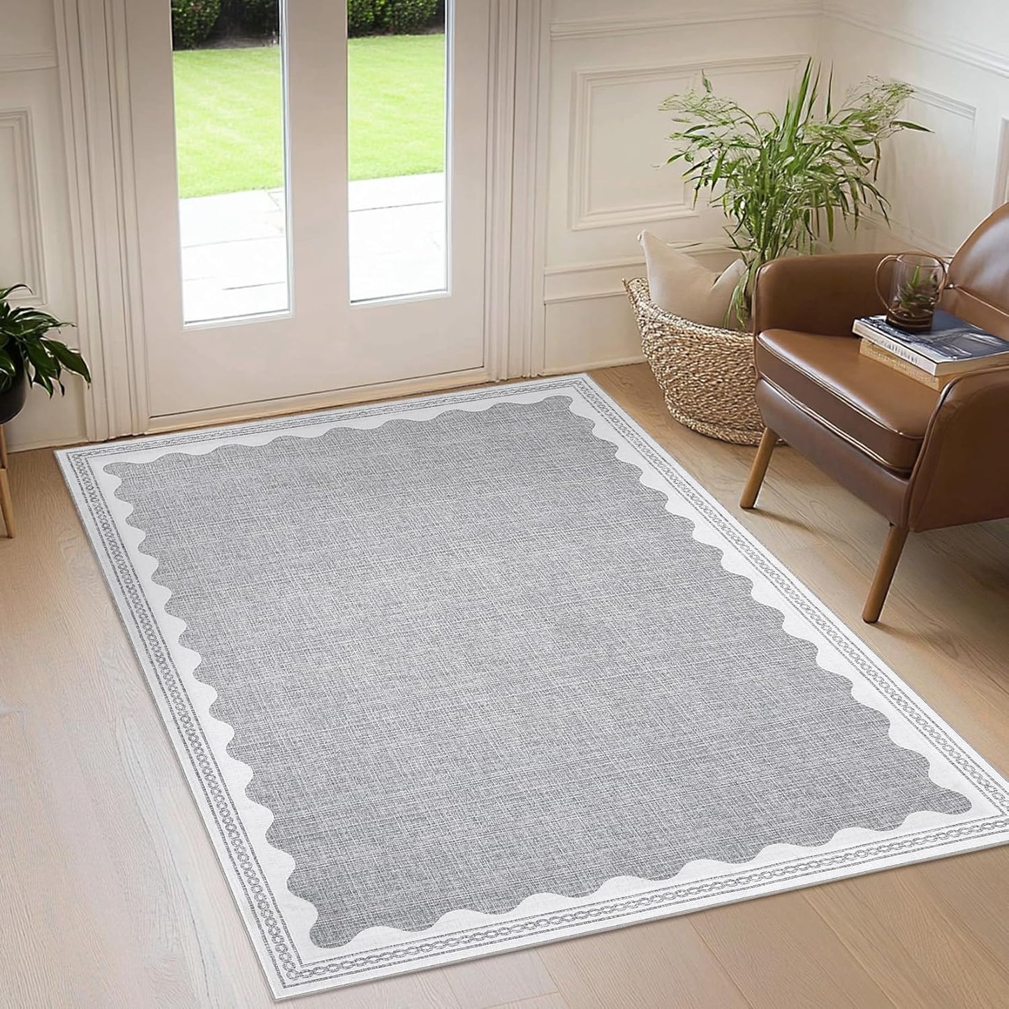 Scalloped 3x5 Rugs for Entryway, Small Area Rugs Solid Grey Rug for Bedroom Girls, 3x5 Washable Rugs for Living Room, Non Slip Scalloped Bath Mat, Soft Dorm Nursery Carpet for Bedside