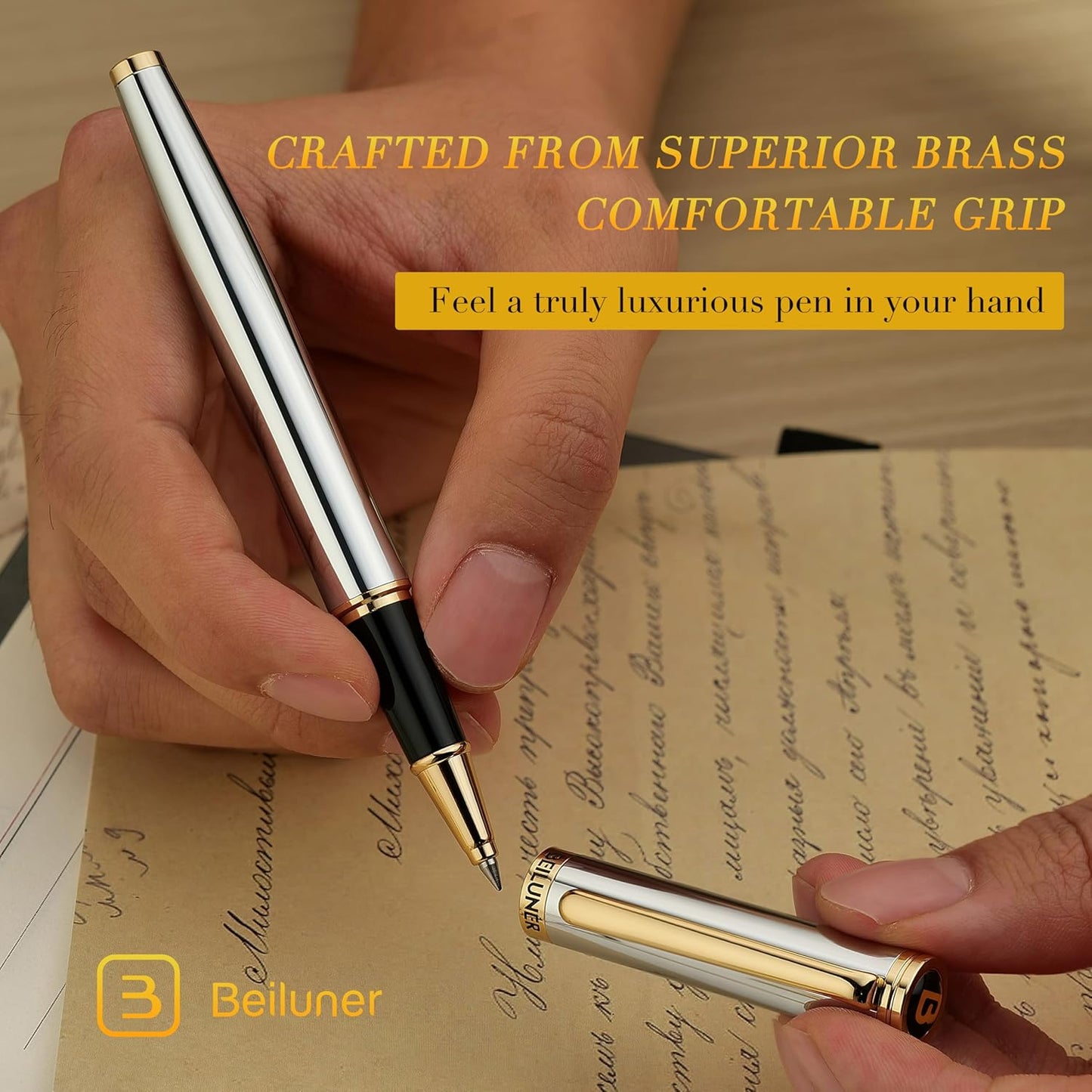 BEILUNER Luxury Rollerball Pen, Stunning Silver Chrome with 24K Gold Finish,Noble and Elegant Designs,Schneider Ink Refill, Best Gift Pen for Men & Women, Professional, Executive Office, Fancy Pens