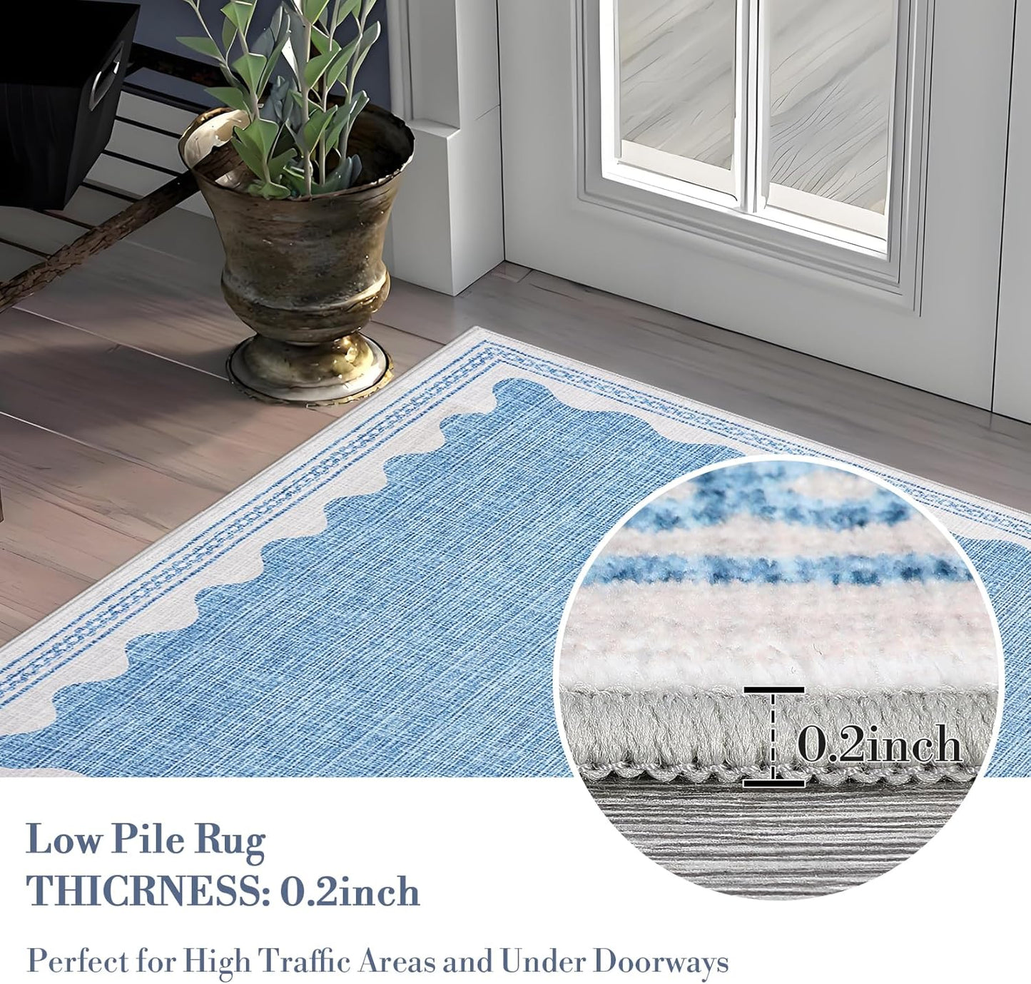 Scalloped Round Rug 6ft, Small Area Rugs Solid Blue Rug for Bedroom Girls, Washable Rugs for Living Room, Non Slip Scalloped Round Bath Mat, Soft Dorm Nursery Carpet for Bedside