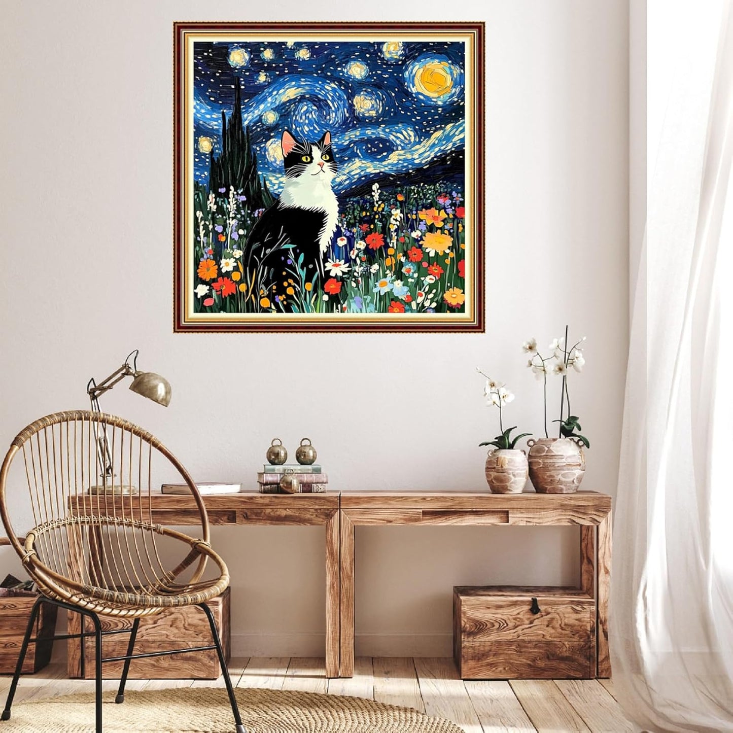 Hopeart Stamped Cross Stitch Kits for Beginner Embroidery Kits for Beginners Adults DIY 11CT Cross Stitch Patterns Needlepoint Kits Crossstitching Kits-Van Gogh Starry Cat 18x18 inch