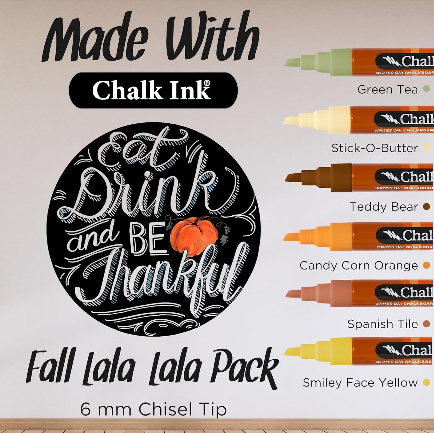 Chalk Ink Chisel Tip Wet Wipe Chalk Markers (6mm, Fall-Lala-Lala, 6 Pack)