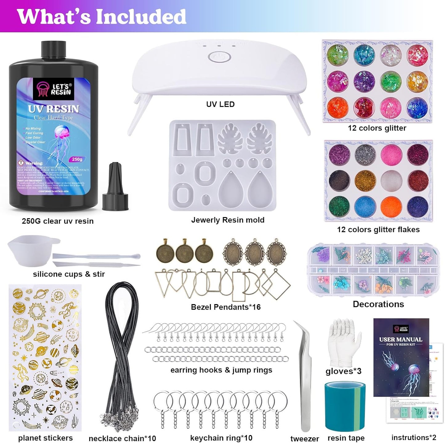 LET'S RESIN Jewelry Making Kit - 153Pcs Crystal Clear 250g UV Resin with UV Lamp,Jewelry Resin Molds, Starter kit for Keychain, Earring Making, Craft Decor