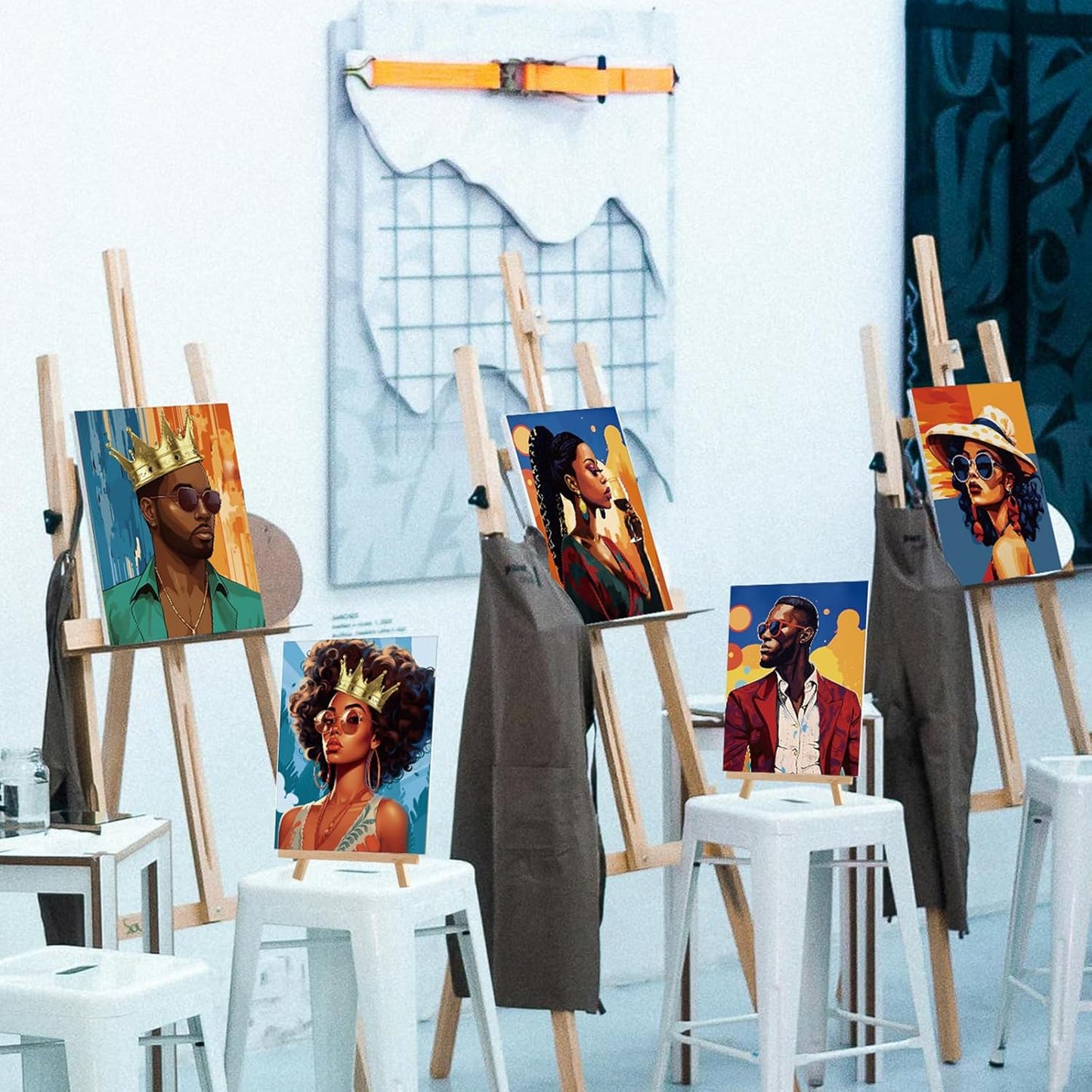 Cholemy 36 Pcs Paint and Sip Kit for Adults 8''x10'' Pre Drawn Canvas for Painting DIY Afro Acrylic Painting Kit Wood Easel Brushes Date Night Bulk for Christmas Party Gifts(Black Women)