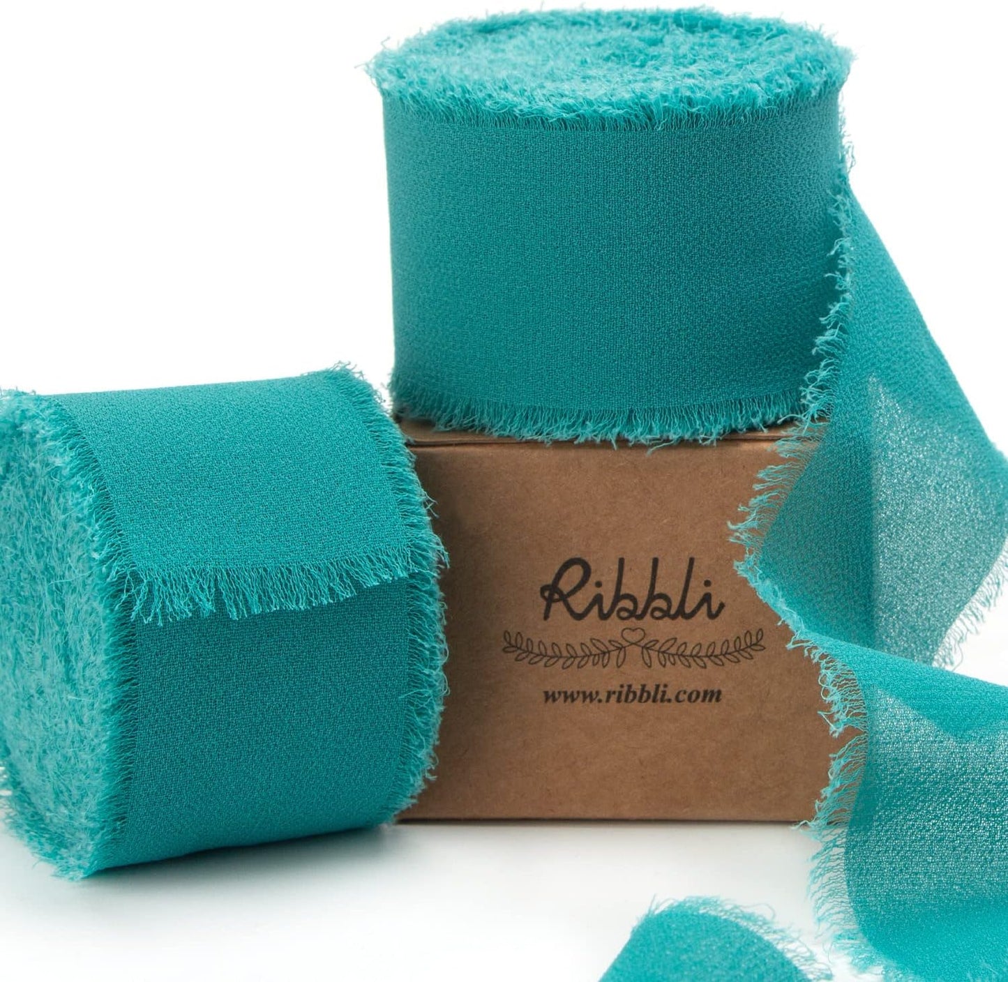 Ribbli Teal Chiffon Silk Ribbon - 1-1/2 inch x 20 Yard Handmade Fringe, Perfect for Weddings, Home Decor
