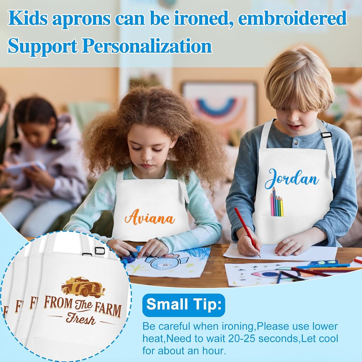 12 Pack Kids Apron bulk with 2 Pockets Adjustable Chef Art Apron Kids Painting Aprons for Cooking Baking Painting Crafting Grilling Activity（White）
