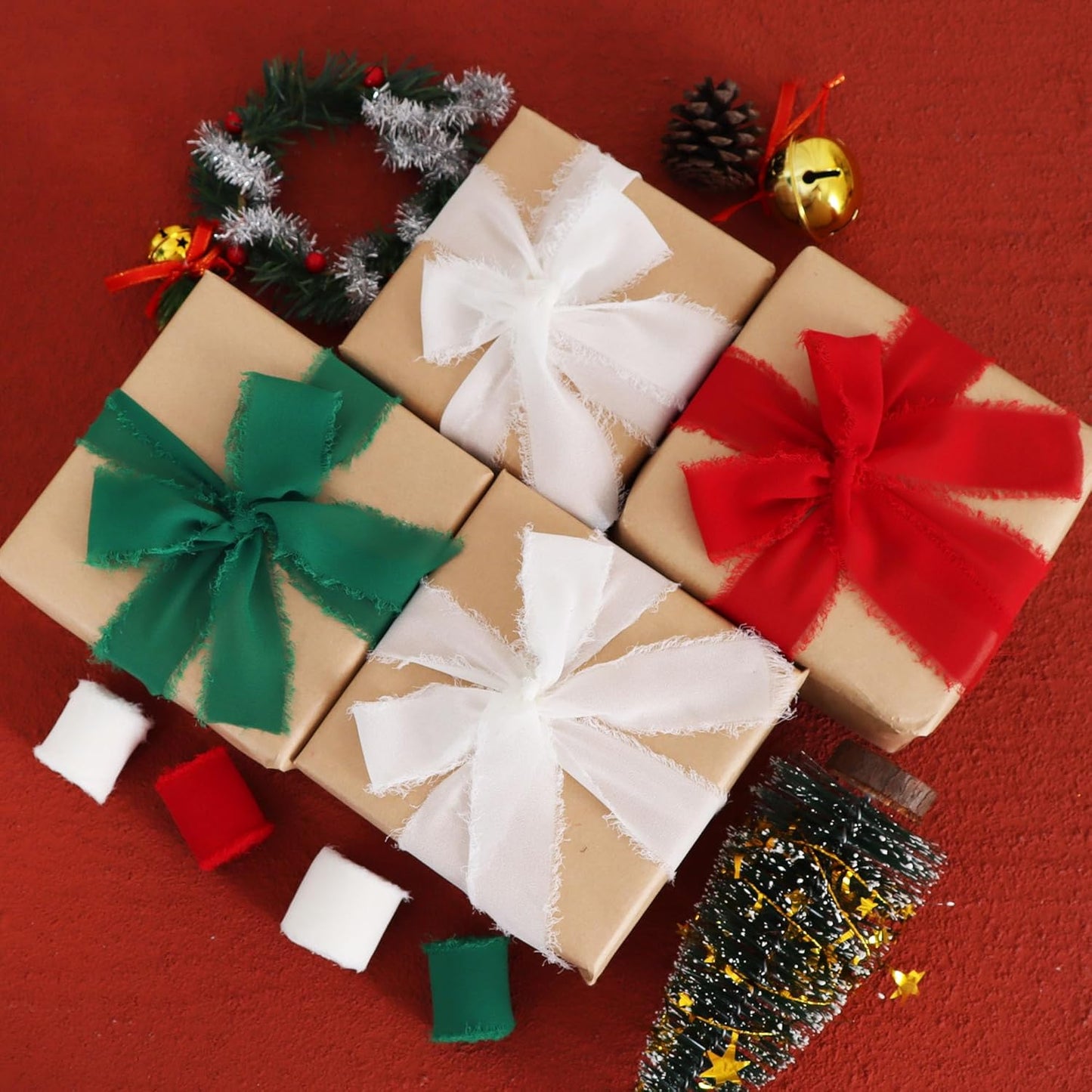 TONIFUL 4 Rolls Silk Chiffon Ribbon 1-1/2 Inch x 22 Yards, Red Green White Handmade Fringe Silk Ribbon for Gift Wrapping Flowral Bouquets Crafts Halloween Christmas Wreath Tree and Party Decoration