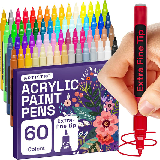 ARTISTRO 60 Acrylic Paint Pens, Art Set Acrylic Paint Markers, Fabric Markers for Textile, Canvas, Rock, Glass, Wood, Paper, Pumpkin, DIY, Paint Markers for Kids and Adults