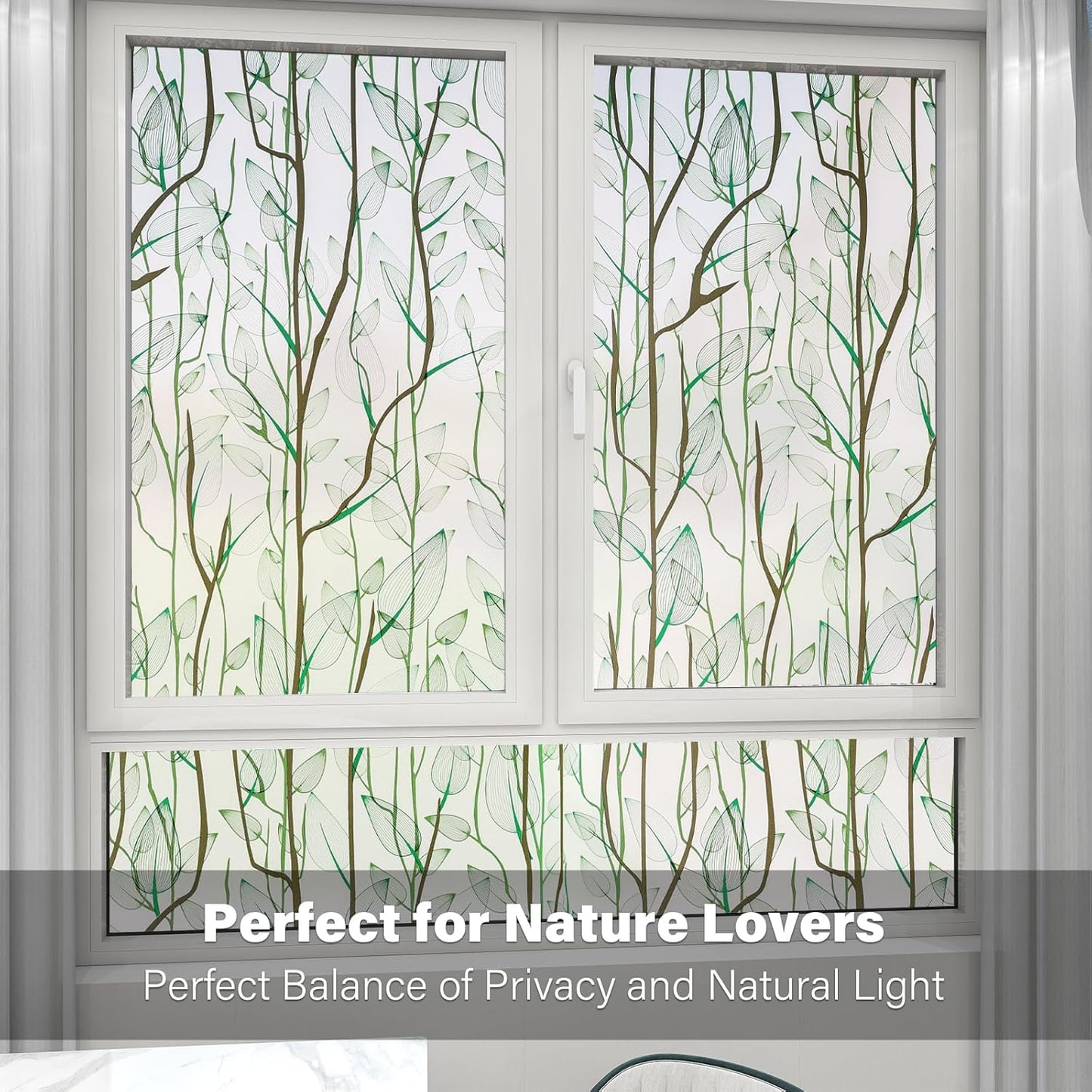 Donox Frosted Glass Window Film Heat Control UV Blocking, Static Cling Reusable Home Bathroom Door Window Privacy Film, Green Leaf Pattern Window Covering with Installation Tool, 35.4 in x 13.1 feet