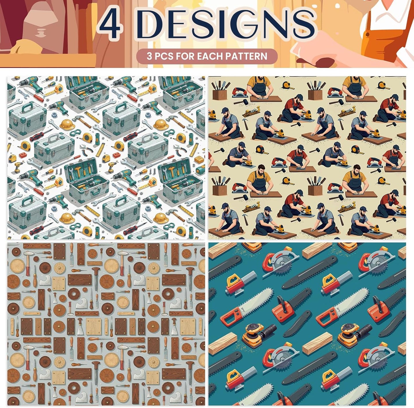 Pineraap 12 Sheets Carpenter Wrapping Paper, Woodworking Tools & Craftsman Printed Gift Wrap Decorative Craft Paper for DIY Projects, Birthdays, Father's Day, or Handyman Celebrations, 20 x 28 inch