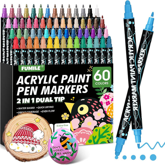 FUMILE 60 Colors Acrylic Paint Marker Dual Tip(Fine and Dot Tip), Paint Pens Acrylic Markers for Wood, Rock, Plastic, Glass, Ceramic, Canvas.Acrylic Markers Set for DIY Christmas Gifts and Art