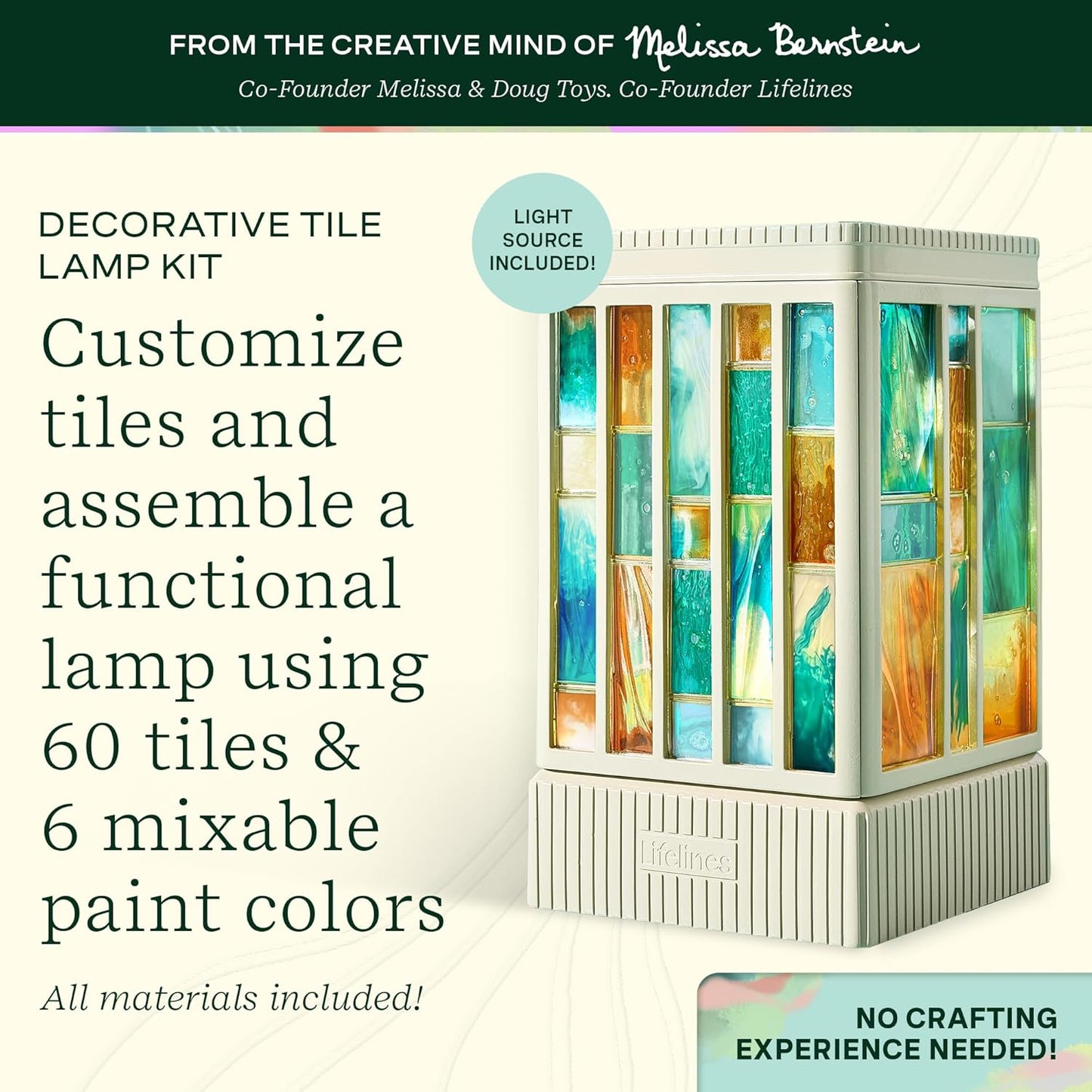 Lifelines FlowCrafts, Decorative Tile Lamp - Customize a Functional Lamp with 60 Tiles, 6 Mixable Paint Colors & Light Source Included - Sensory Arts & Crafts Kit for Teens & Adults