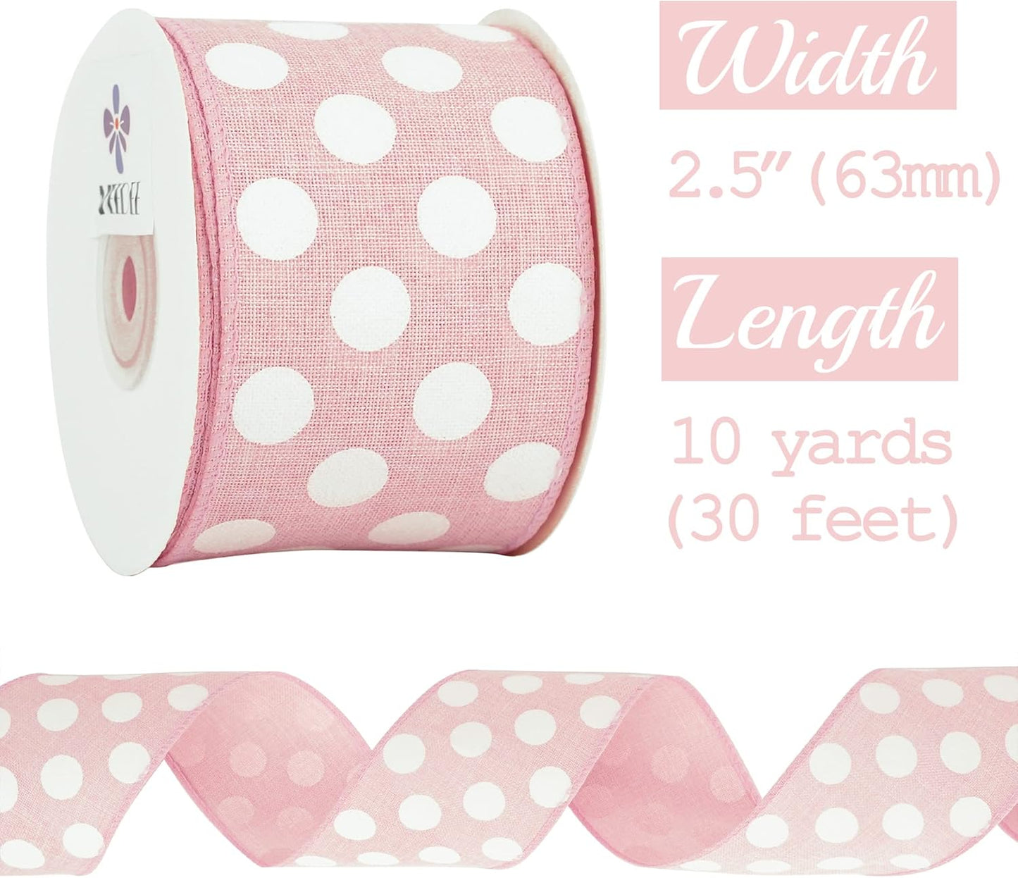 MEEDEE Pink Polka Dot Ribbon - 2.5 inch Wired Ribbon for Baby Girl Wreaths & Crafts, 10 Yards