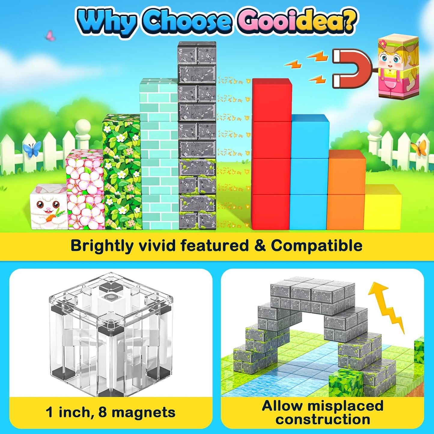 108PCS Magnetic Blocks Kids Magnet Toys, Large 1 inch Building Cubes with Puzzle Panel, Mine Magworld Easter Bunny Garden Building Crafts, Sensory Learning Toys Gift for 3+ Year Old Boys Girls