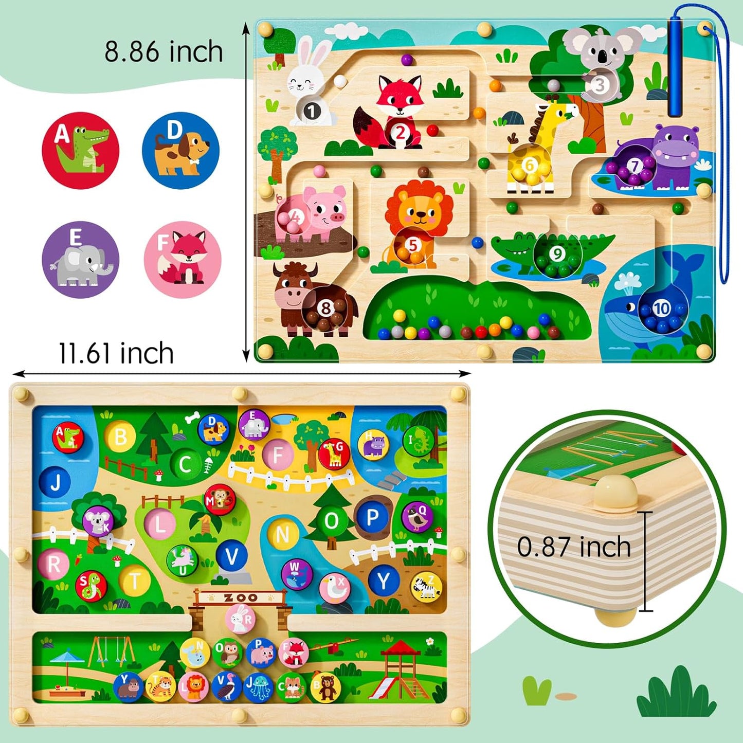 Magnetic Maze 2 in 1 Double Side Color and Number Maze Alphabet Puzzle Board for 3-5 Boys and Girls Kids Montessori Educational Toys (Zoo, One Size)