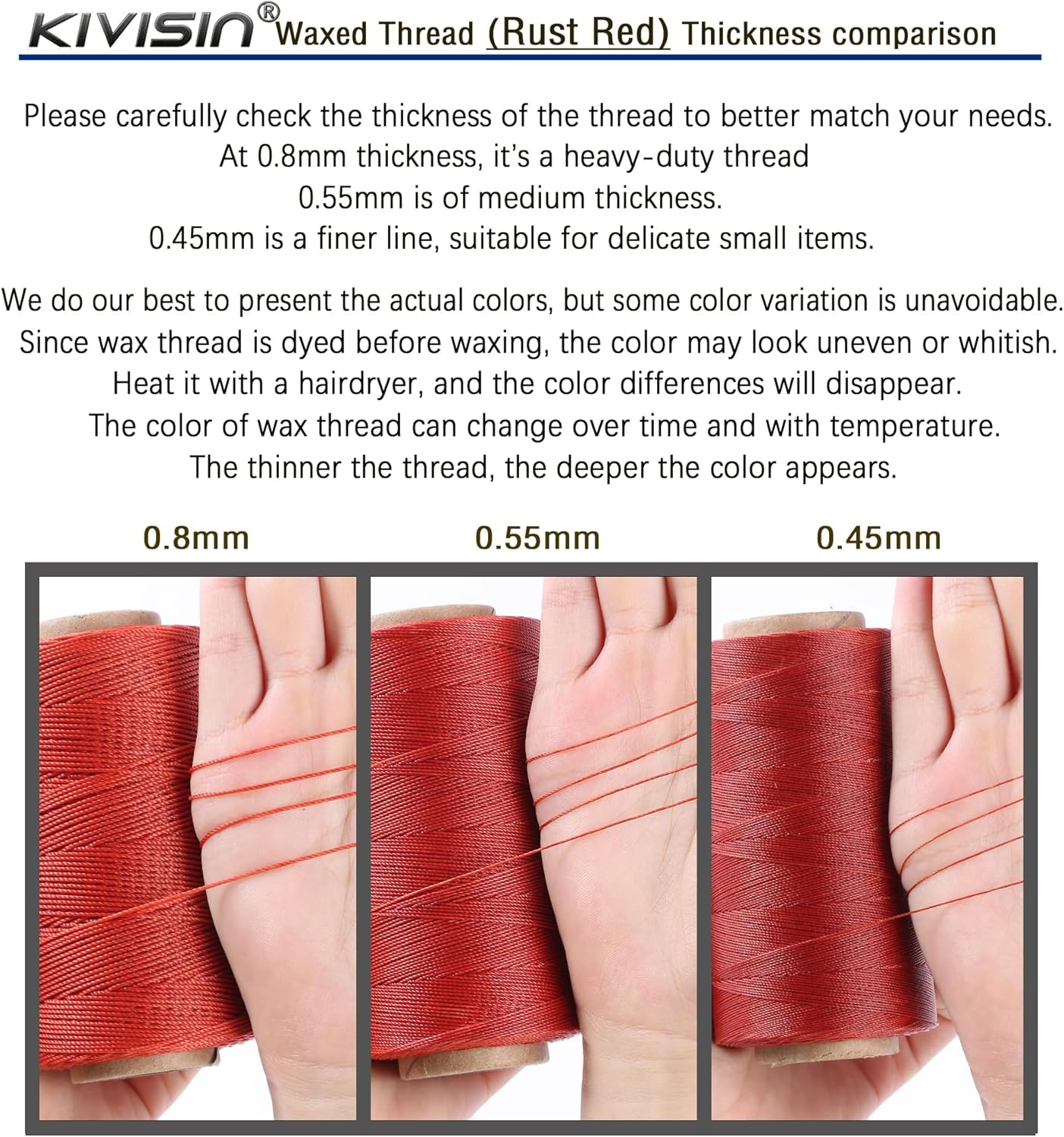 Bonded 0.8mm Round Waxed Polyester Cord, 3-ply Wax Coated Thread, 197 Yards Stiff String for Heavy Duty Fabric, Leather Sewing, Book Binding, Upholstery Repair, and Macrame Jewelry - Rust Red