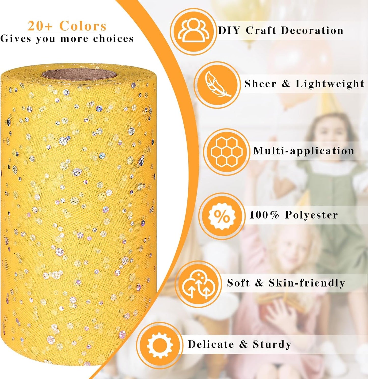Glitter Tulle Rolls, 6” by 50 Yards (150FT) Sequin Tule Netting Fabric Tulle for Tutu Skirts Sewing Birthday Wedding Party Decoration (Yellow)