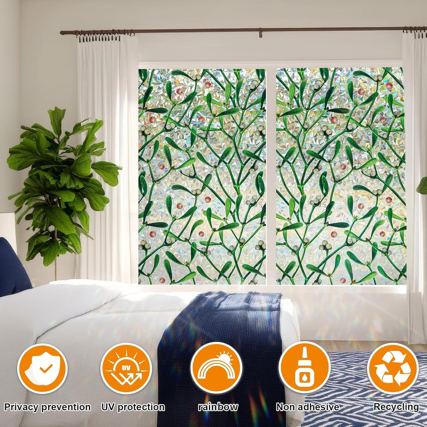 Window Privacy Film Stain Glass Window Film Rainbow Window Film Window clings Non-Adhesive Reusable Decorative for Room (Mistletoe Rainbow, 45.27 x 157.4 in)