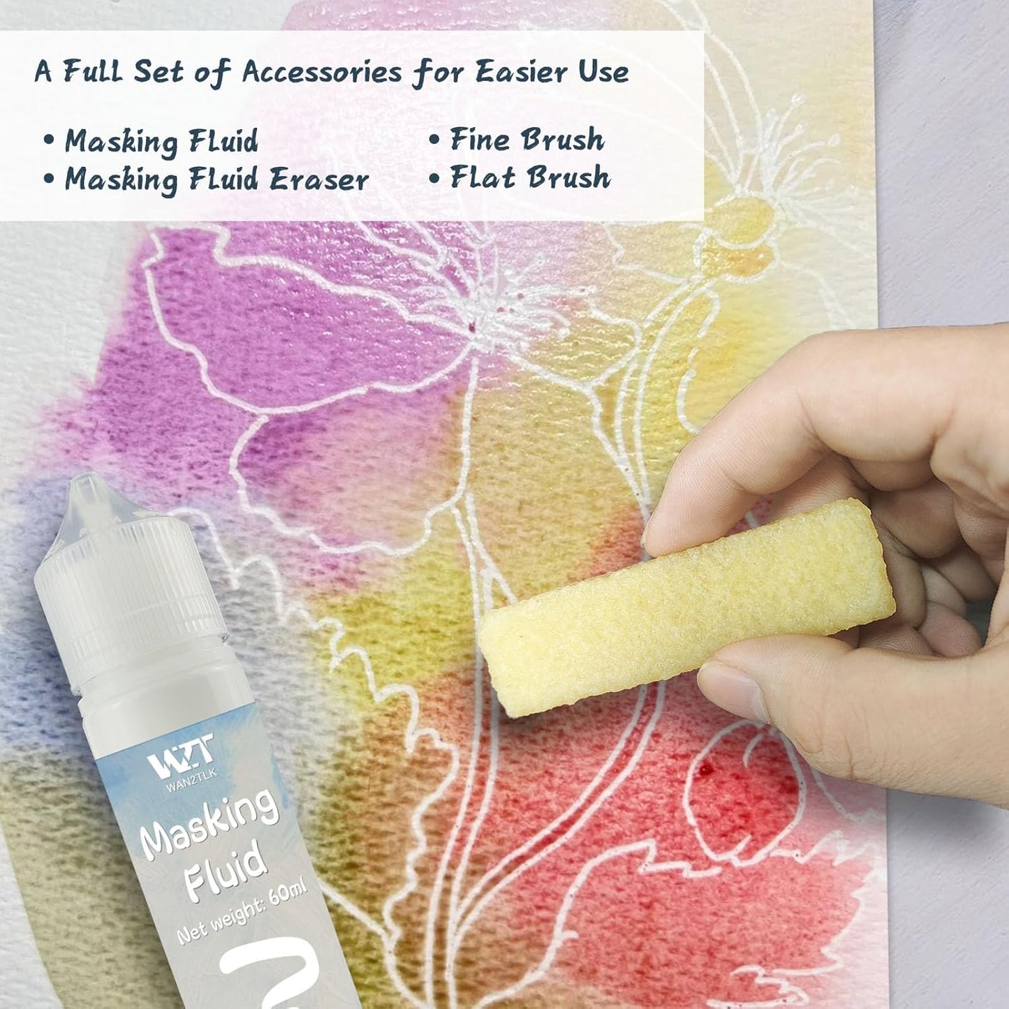 Masking Fluid for Watercolor Painting - 120ml White with a Paintbrush and Eraser - Art Masking Fluid Pen Watercolor Medium Art Supplies for Artists