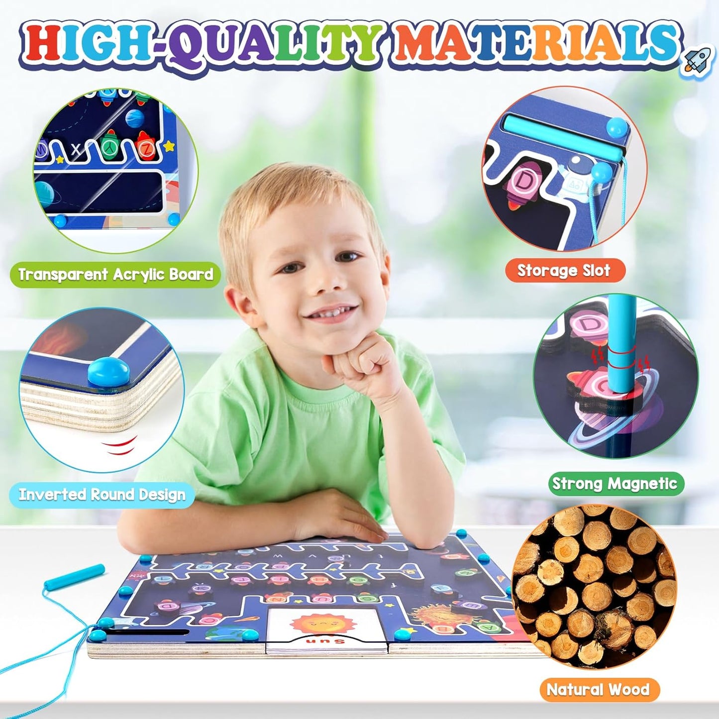 Magnetic Alphabet Maze Board - Letter Puzzle Rockets, Fine Motor Skills Toys for Toddlers 3+ Years, Montessori Sensory Toys for Girls & Boys