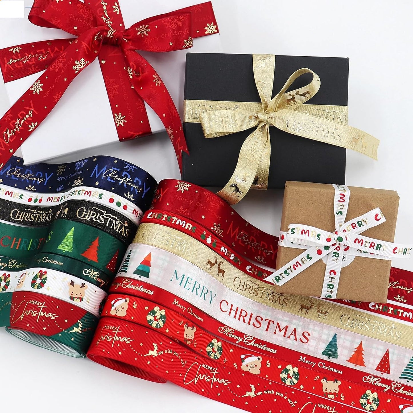 Christmas Gift Wrapping Ribbon, Red, Green, 2 Rolls Printed Grosgrain Ribbons for Crafts, Floral Bouquets, Sewing, Party and Festive Holiday Decor (2 Rolls(White/Red) A, 1 Rolls=3/8in * 10Yards)