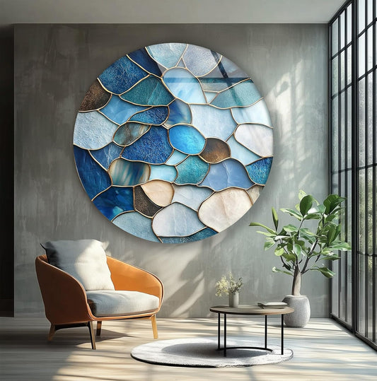 My Photostation.com 31.5''(80cm) Diameter Coastal Blue Stone Mosaic Round Glass Wall Art Tempered Glass Printing Wall Decor Large Wall Art Wall Hangings