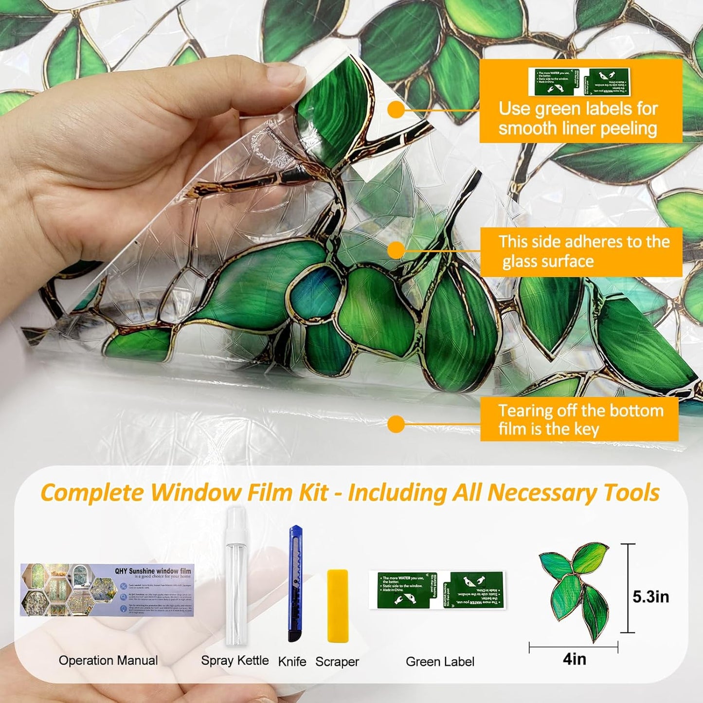 Window Privacy Film Stain Glass Window Film Rainbow Window Film Window clings Non-Adhesive Reusable Decorative for Room (Green Rainbow, 45.2 X 78.7 in)