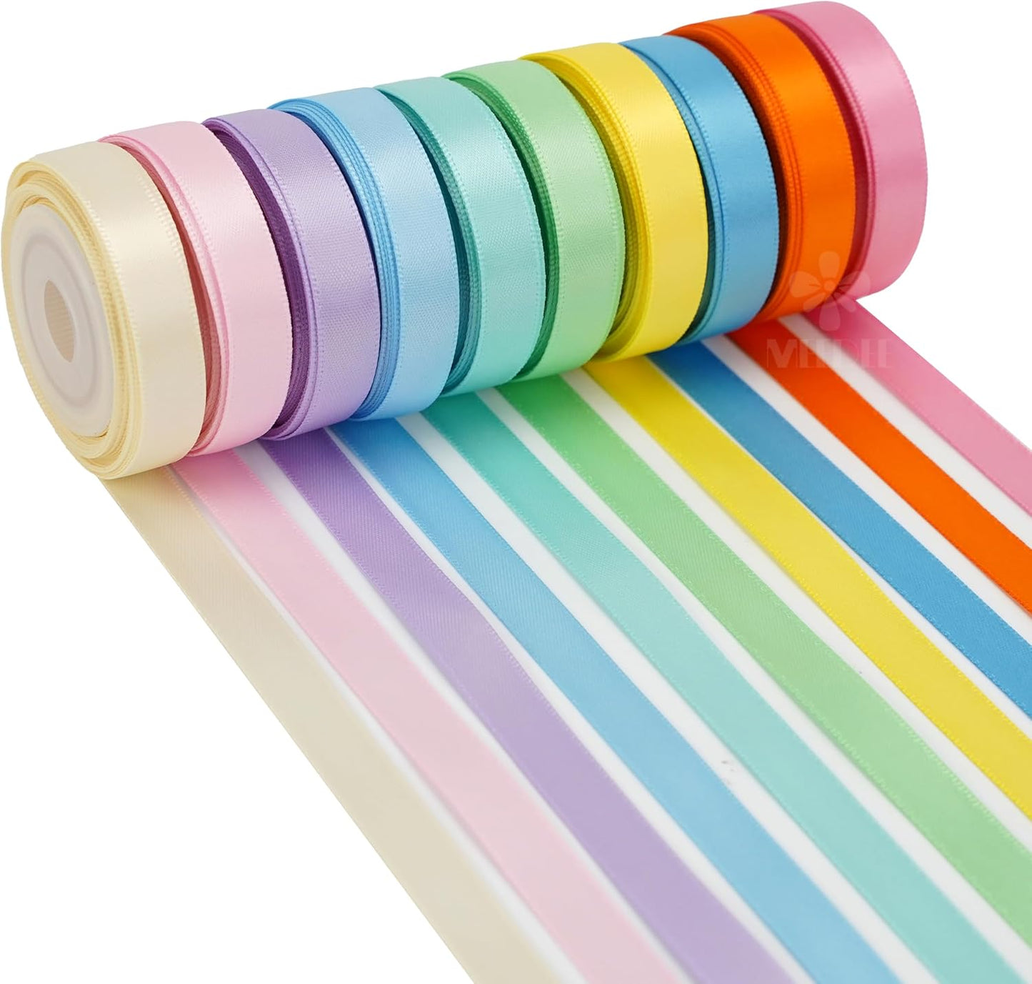 MEEDEE Pastel Rainbow Ribbon Assortment Satin Rainbow Colored Ribbon 3/8" X 50 Yards for Crafts, Gift Wrapping, Party Decoration, DIY Handmade Hair Bows