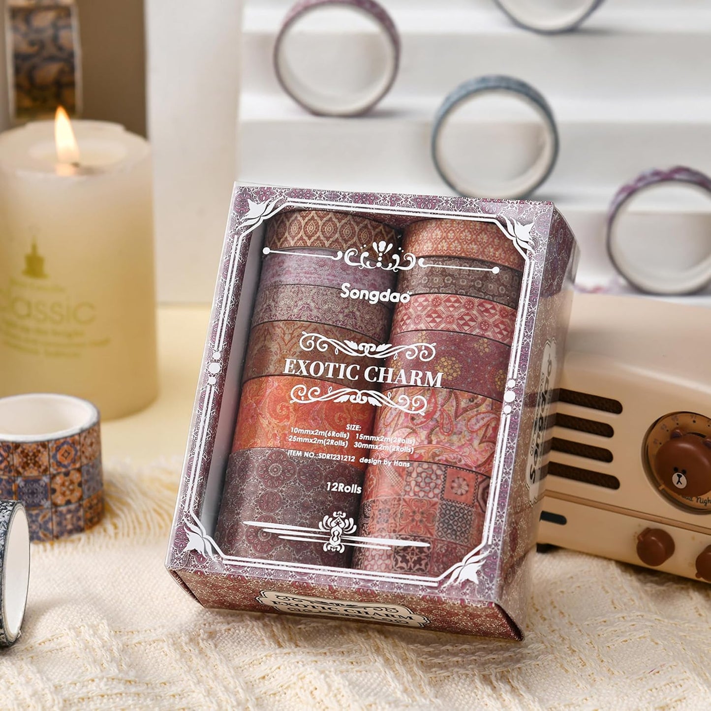 12 Rolls Exotic Charm Washi Tape Set Floral Arts Adhesive Tapes Geometric Garden Decorative Masking Tape Sets for Craft, Kids, Scrapbook, DIY, Gift Wrapping (Crimson Cliff)