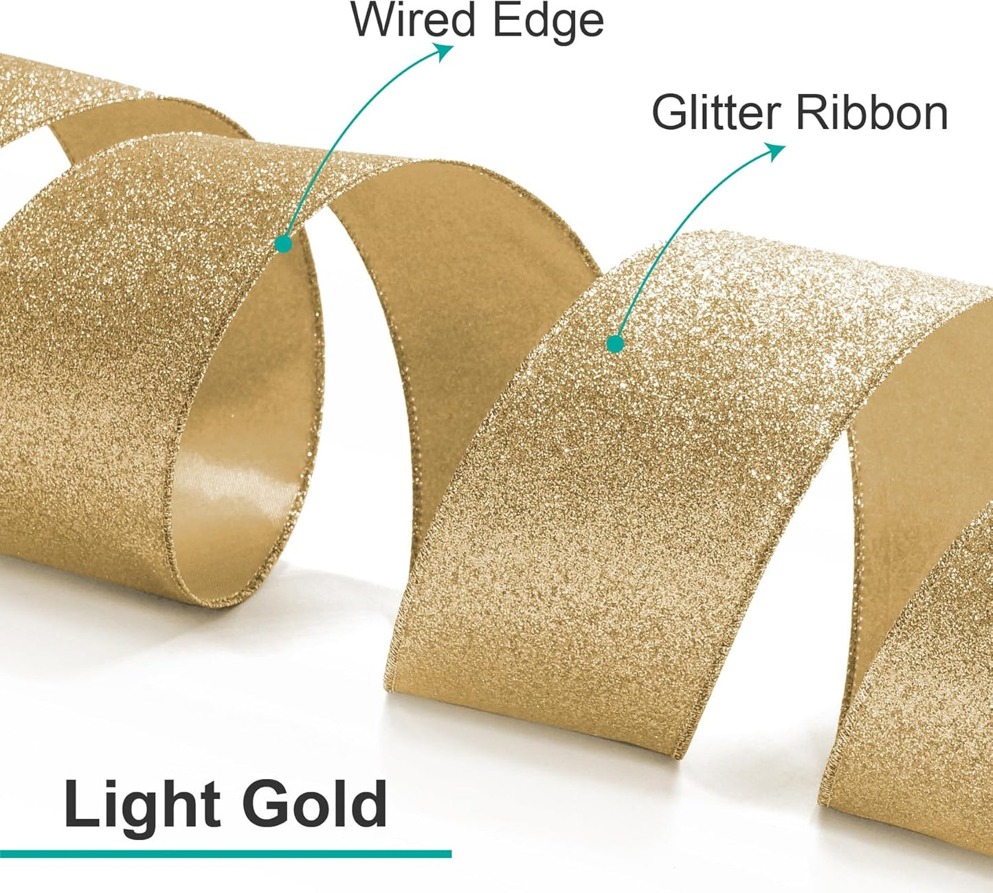 CT CRAFT LLC Glitter Wired Ribbon 1.5" x 20 Yards Light Gold for Christmas Home Decor Bow Gift Wrapping DIY Crafts Wreath