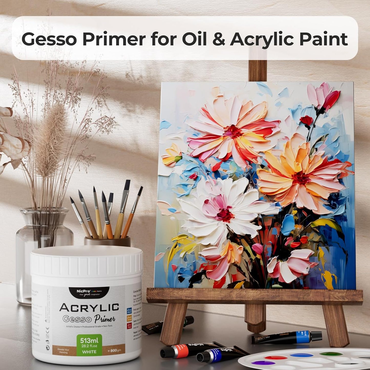 Nicpro White Gesso Primer for Acrylic Painting(28.2 Oz / 513ML), Excellent Coverage, Gesso Surface Prep Medium for Acrylic Paint & Oil Paint, Heavy Gesso Primer for Canvas, Wood, Paper, Plastic