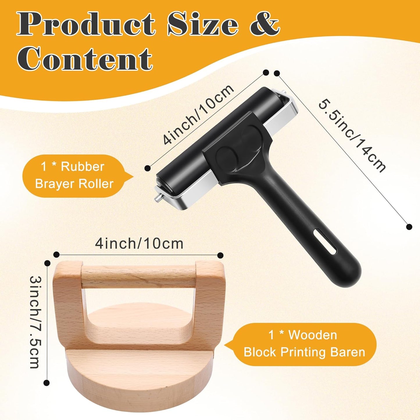 Coitak 1+1 Pcs Wooden Block Printing Baren with Rubber Brayer Roller, Block Printing Press Kit for Crafting, Printing, Inking, Stamping, Linocut