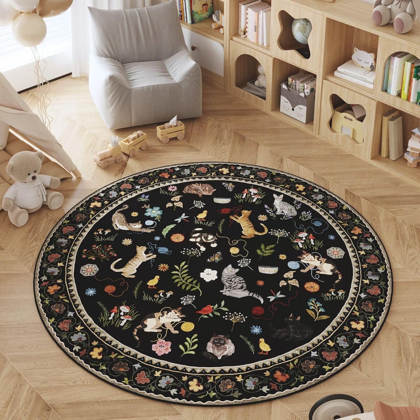 Rugcomf Round Rug 4ft Washable Circle Rug Non Slip Low Pile Boho Floral Animal Cat Small Circular Rug for Bedroom Bathroom Entryway Kids Room Office College Dorm, Black