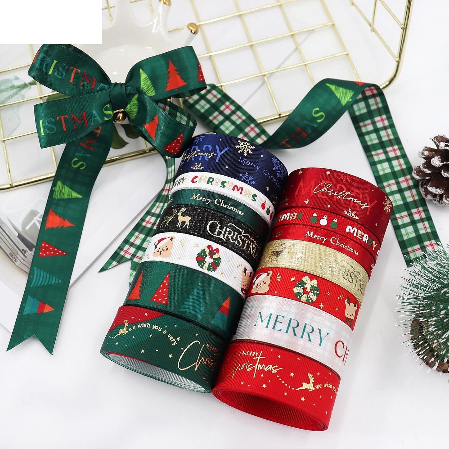 Christmas Gift Wrapping Ribbon, Red, Green, 2 Rolls Printed Grosgrain Ribbons for Crafts, Floral Bouquets, Sewing, Party and Festive Holiday Decor (2 Rolls(White/Red), 1 Rolls=5/8in * 5Yards)
