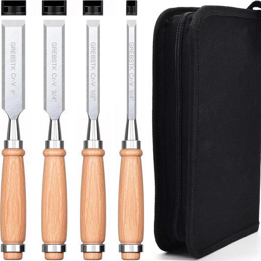 GREBSTK 4 Pcs Wood Chisel Set, CRV Steel Bevel Sharp Edge Bench Chisels with Canvas Bag, Comfortful Beech Handle, for Woodworking and DIY Projects, 9.5"x(1/4", 1/2", 3/4", 1")