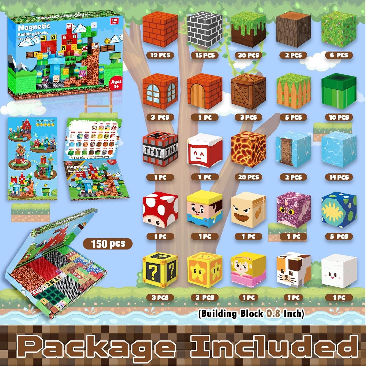 Magnetic Blocks-150 PCS Build Adventure Game Castle World Set - Magnetic Building Cubes Stacking, STEM Montessori Sensory Toys for Kids Boys Girls Ages 3 4 5 6 7 8 9 10 Eater Birthday Gifts