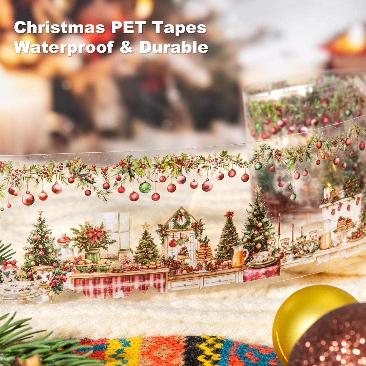 Christmas PET Tape Set - Seamless Loop Design with Snowy Villages, Festive Cats and Holiday Scenes, Includes Decorative Clip, Self-Adhesive Rolls for Scrapbook, Journal and DIY Decor