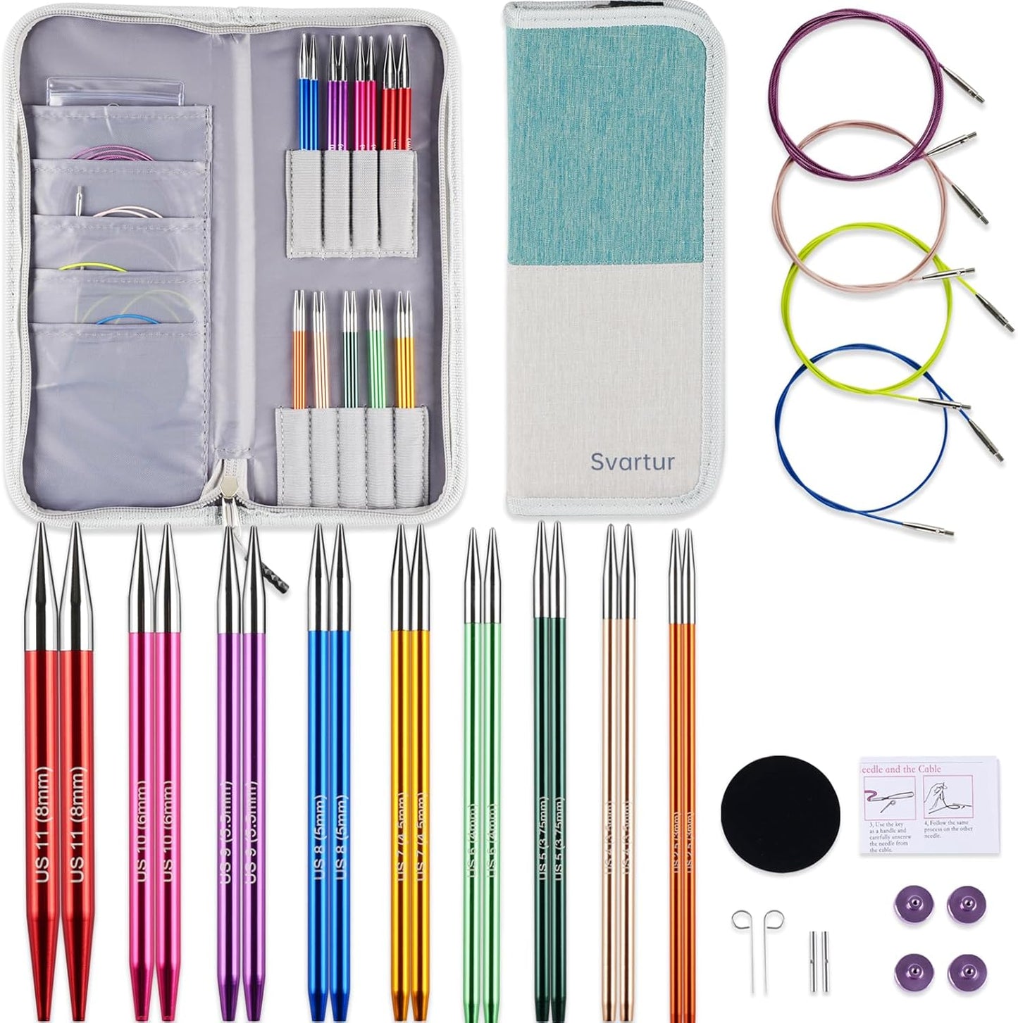 Svartur Interchangeable Circular Knitting Needles Set, with Multicolored Circular Knitting Needles and Cables, Accessories and Knitting Needle Storage Case, 9 Pairs