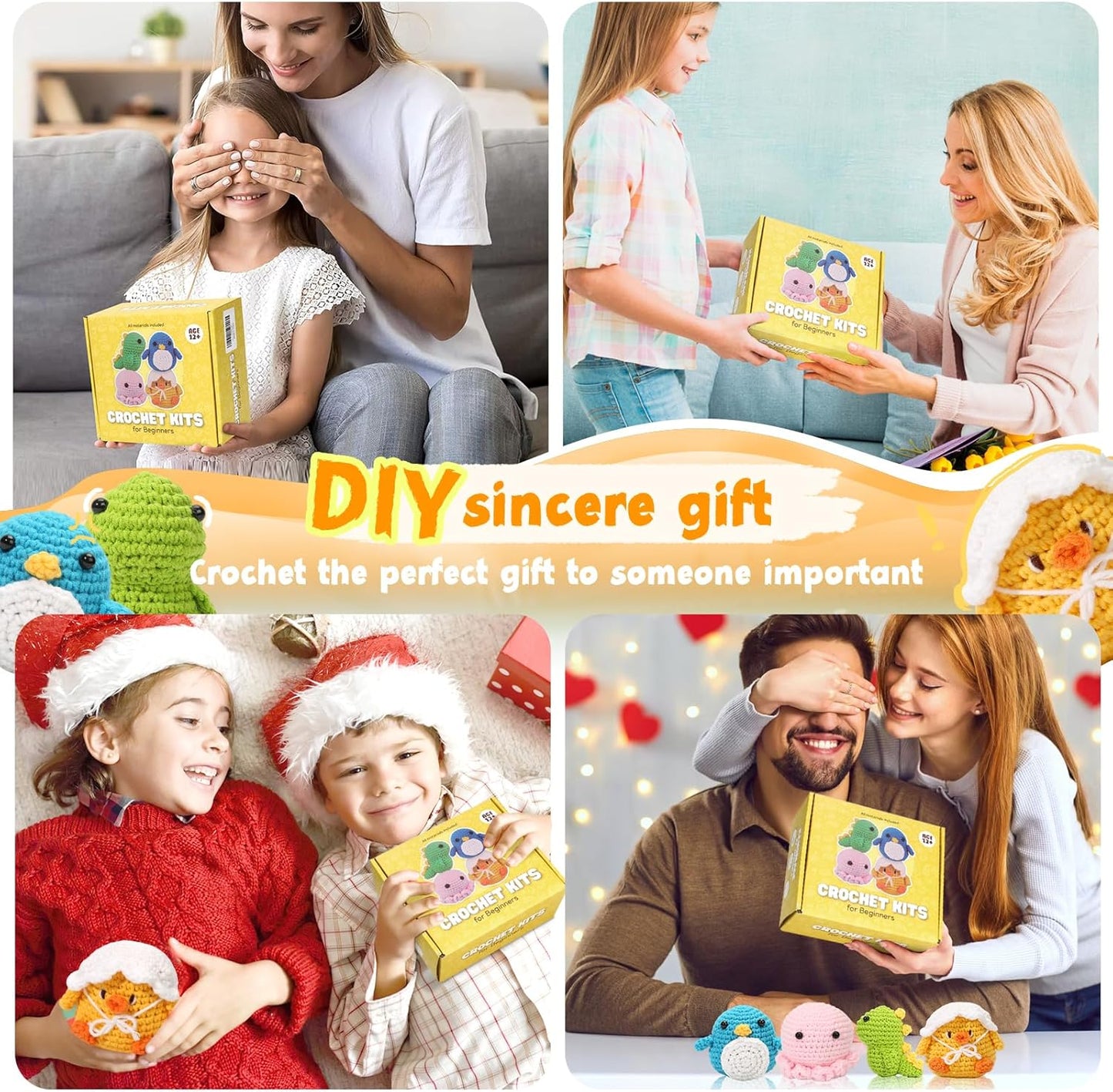 Crochet Kits for Beginners, Beginner Starter Sets with Step-by-Step Video Tutorials - Ideal Gift for Adults, Kids, Crochet Lovers, Ideal Gift for Birthday, Christmas, 4 Cute Patterns with Extra Yarn