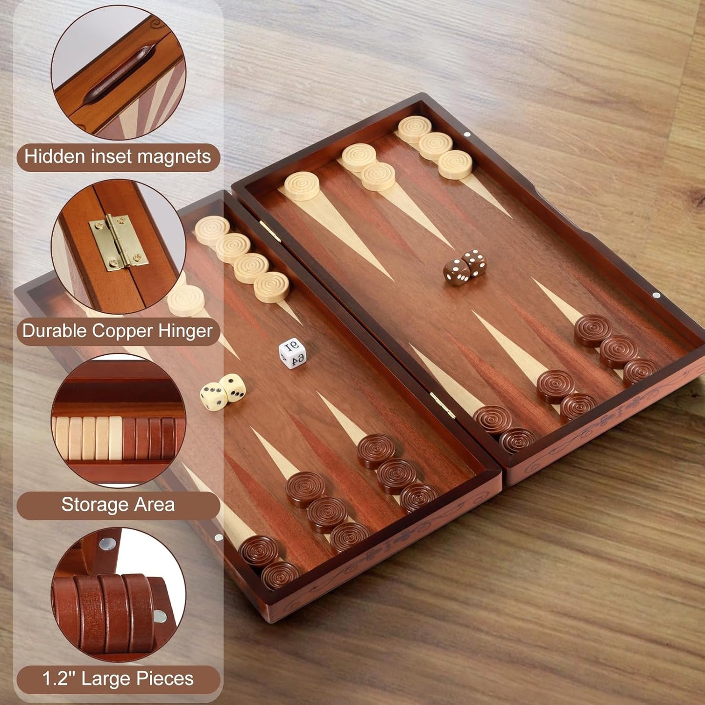 Wooden Folding Backgammon Set - Large 15.75" (40cm), Handcrafted Exquisite Design, Perfect for Adults & Kids, Ideal for Backgammon Enthusiasts