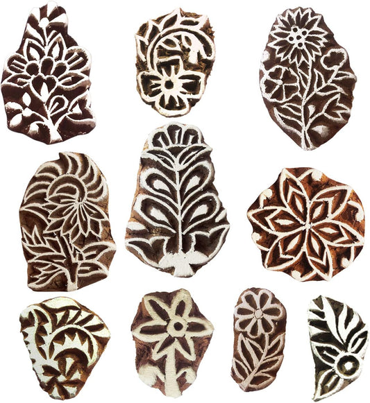 Royal Kraft Floral Wooden Printing Stamps (Set of 10) - DIY Henna Fabric Textile Paper Clay Pottery Blocks Htag2172