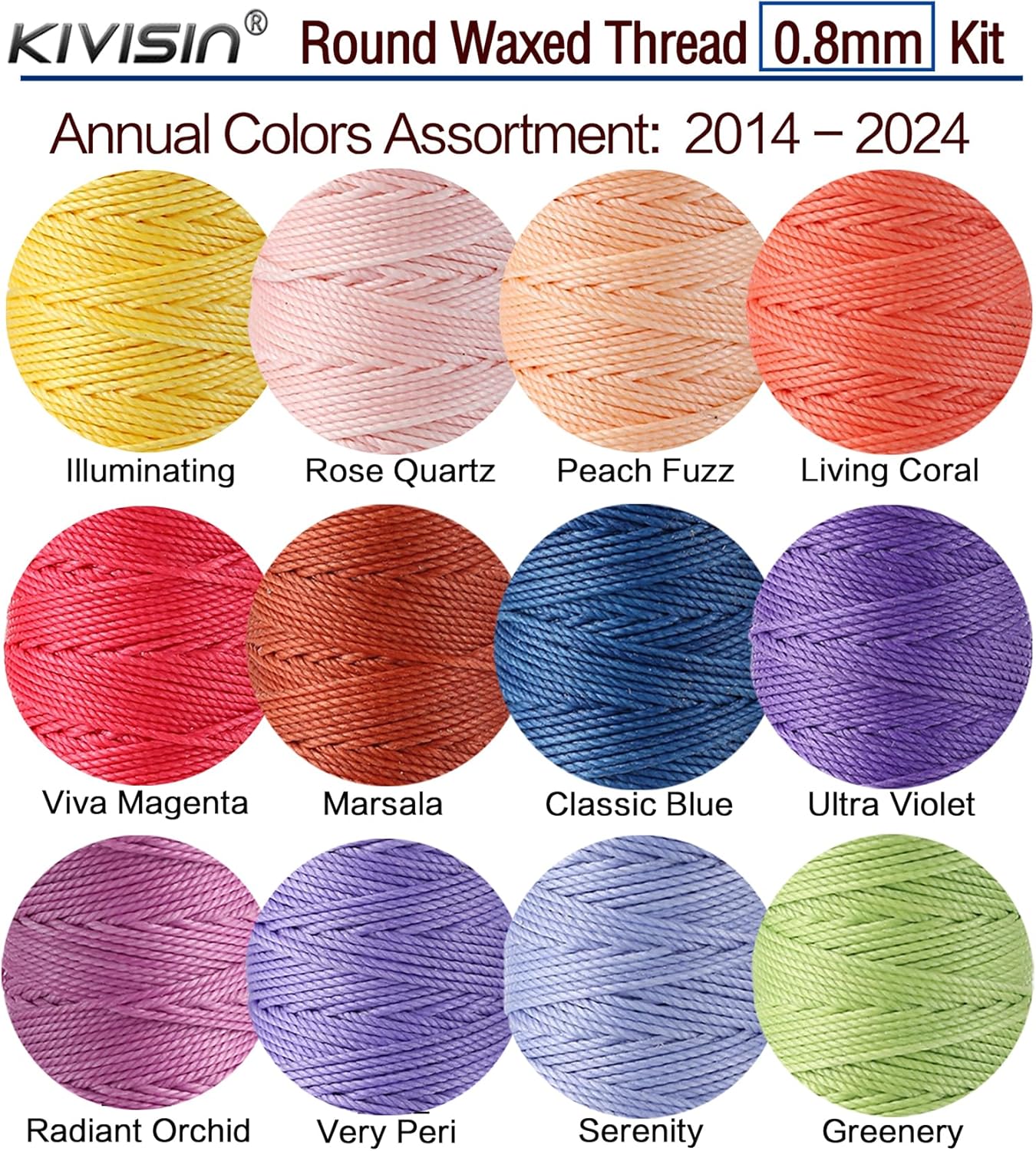 KIVISIN Trendy Color Waxed Thread 0.8mm, Heavy Duty Wax Polyester Cord 32 Yards String Spools Wax Coating for Bracelets Braiding, Micro Knotting, Sewing, Stitching, Book Binding, Micro Macrame Making