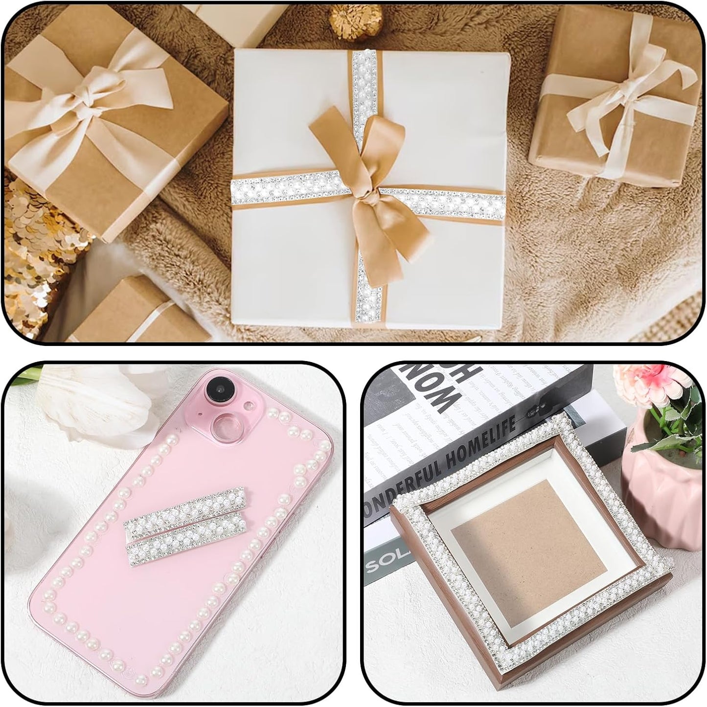 3 Rolls Pearl Rhinestone Ribbon Self Adhesive Pearl Crystal Strips Sticker Bling Pearls Strips Trims Diamond Pearls Tape for DIY Phone Clothing Crafts (3 Yard)