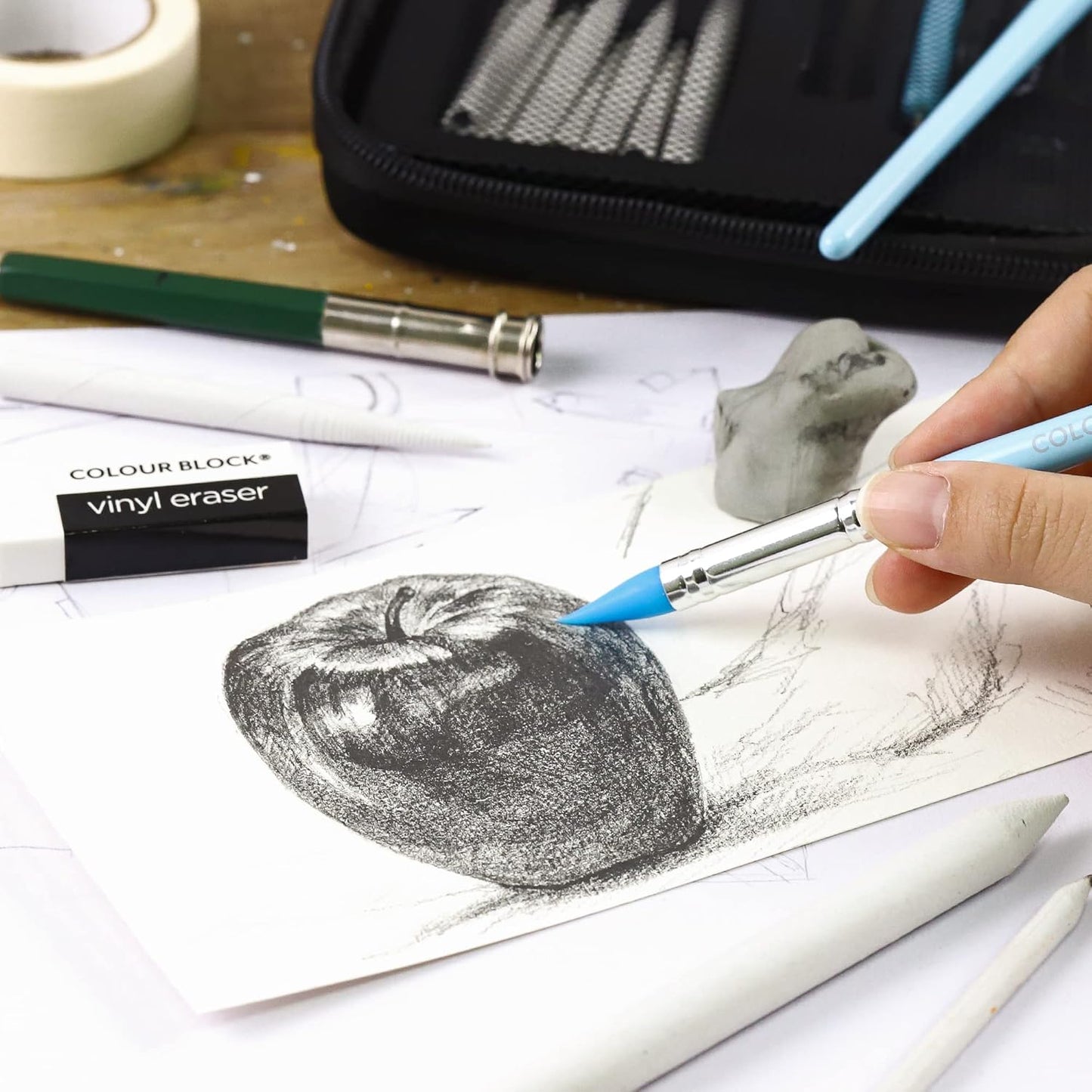 COLOUR BLOCK 30pcs Sketching Tool Set with Soft Pastels Drawing Art Blenders, Blending Stumps, Tortillions, Sandpaper, Sketch Pencil Extender, Rubber Pens