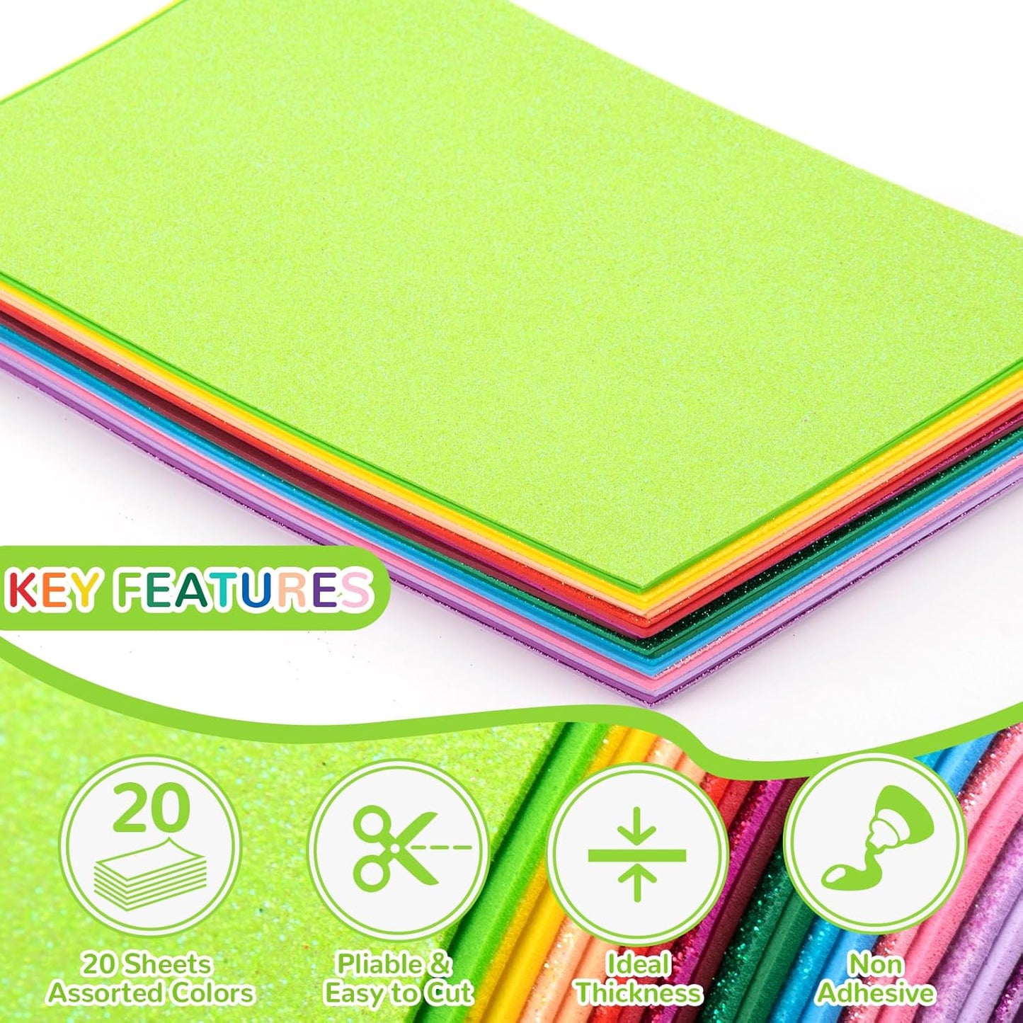 20 Pack Glitter EVA Foam Sheets Craft 8 x 12 inch, 20 Colors Sparkles Foam Paper for Art Crafts Projects, Classrooms Scrapbook Gift DIY Cutters Card Party Decoration (Multicolor 01)