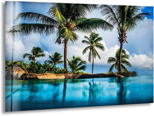 My Photostation.com 48Wx32H'' Island & Blue Sea Glass Wall ArtTempered Glass Printing Wall Decor Large Wall Art Wall Hangings