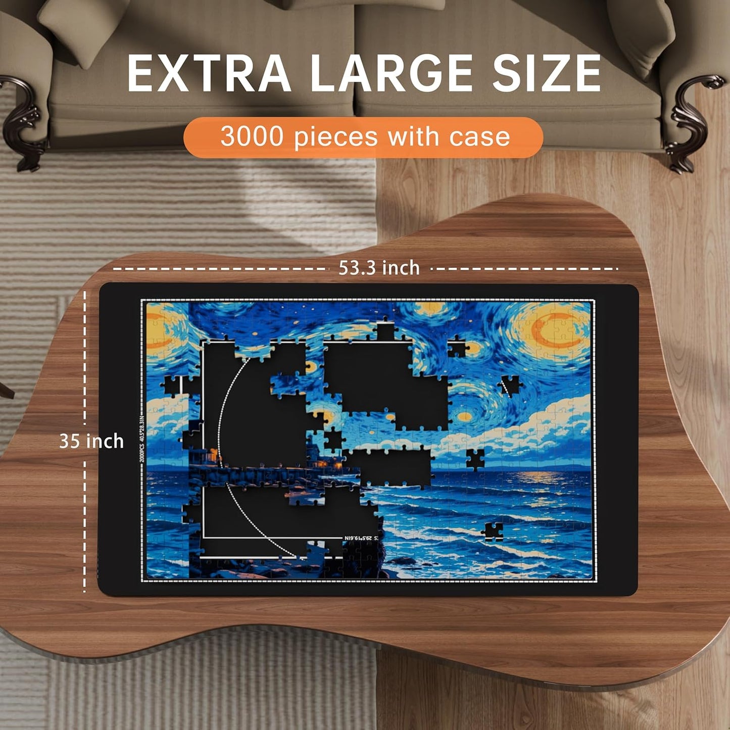 Lwoeo Jigsaw Puzzle Mat Roll Up, Black Rubber 53.3” x 35” Smooth Top Saver Pad Up to 3000 Pieces，Large Puzzle Matt Rollup with 6 Sorting Trays & 1 Storage Bag for Sorting Table, Board, Frame Mats